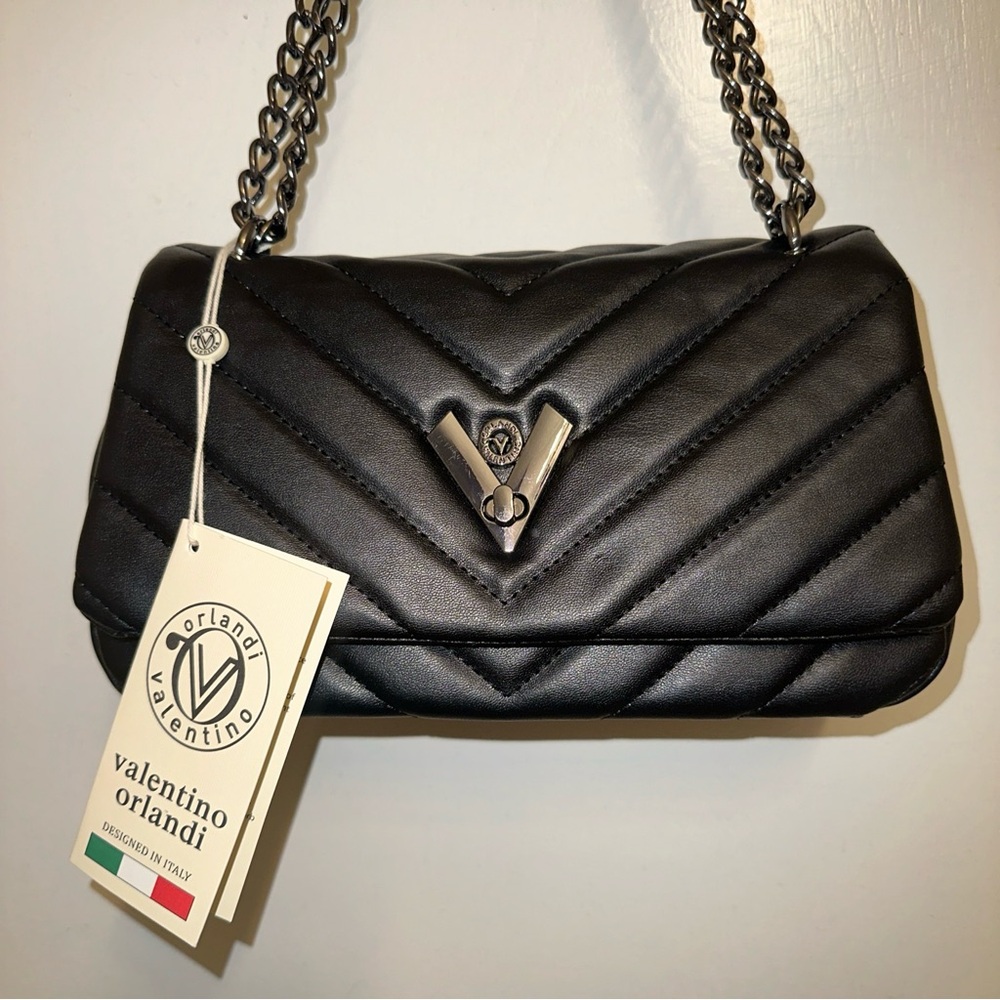 NWT Valentino Orlando Black Leather Chain Strap Handbag Purse Crossbody Evening